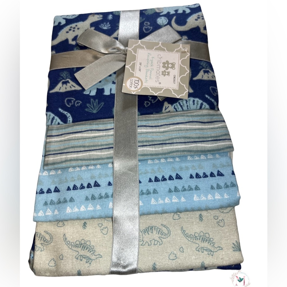 100% COTTON 4 PACK RECEIVING BLANKETS( DINOSAURS ,STRIPES, TRIANGLES)